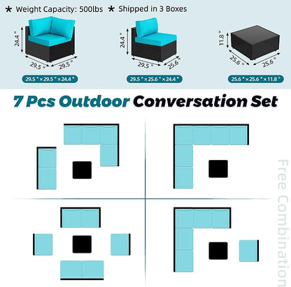 SUNLEI 7pcs Patio Conversation Sets Outdoor Furniture Sets, High Back All-Weather Rattan Sectional Sofa with Tea Table&Washable Couch Cushions(Black Rattan)（Blue）