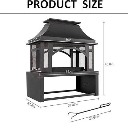 39" Fire Pits with Wood Storage for Outside, Large Wood Burning Outdoor Fireplace with Chimney, Mesh Spark Screen & Fire Poker, Idea for Backyard, Patio, Party, Camping, Picnic
