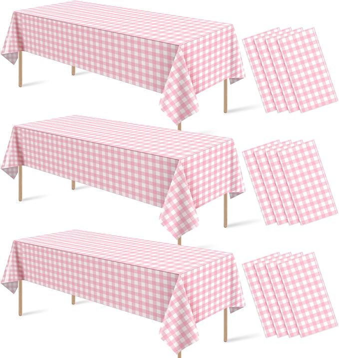 12Pcs Pink Gingham Tablecloths, Checkered Party Table Covers 54x108 In | Pink and White Checkered Tablecloths Disposable Waterproof for Baby & Bridal Shower Picnic Camping Girls Birthday Party
