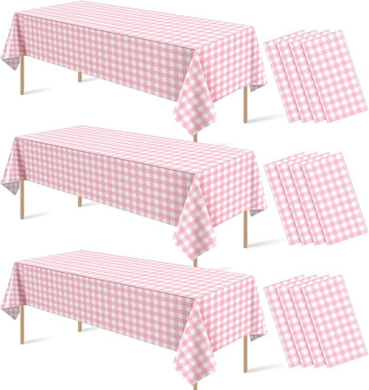 12Pcs Pink Gingham Tablecloths, Checkered Party Table Covers 54x108 In | Pink and White Checkered Tablecloths Disposable Waterproof for Baby & Bridal Shower Picnic Camping Girls Birthday Party