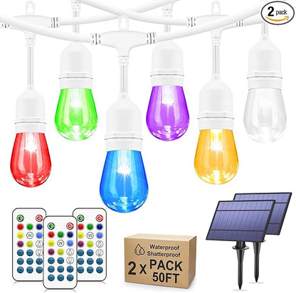 Larkvue 100FT(2x50FT) RGB Solar Outdoor String Lights with Remote, Dimmable Waterproof Patio Lights with 30 Bulbs for Porch Garden Bistro-White Cord
