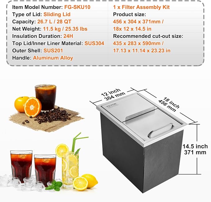 VEVOR Drop in Ice Chest, 18"L x 12"W x 14.5"H Stainless Steel Ice Cooler, Commercial Ice Bin with Sliding Cover, 40.9 qt Outdoor Kitchen Ice Bar, Drain-pipe and Drain Plug Included, for Cold Wine Beer | Commercial Ice Bin for Cold Wine Beer, 40.9 qt Ou...