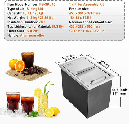 VEVOR Drop in Ice Chest, 18"L x 12"W x 14.5"H Stainless Steel Ice Cooler, Commercial Ice Bin with Sliding Cover, 40.9 qt Outdoor Kitchen Ice Bar, Drain-pipe and Drain Plug Included, for Cold Wine Beer | Commercial Ice Bin for Cold Wine Beer, 40.9 qt Ou...