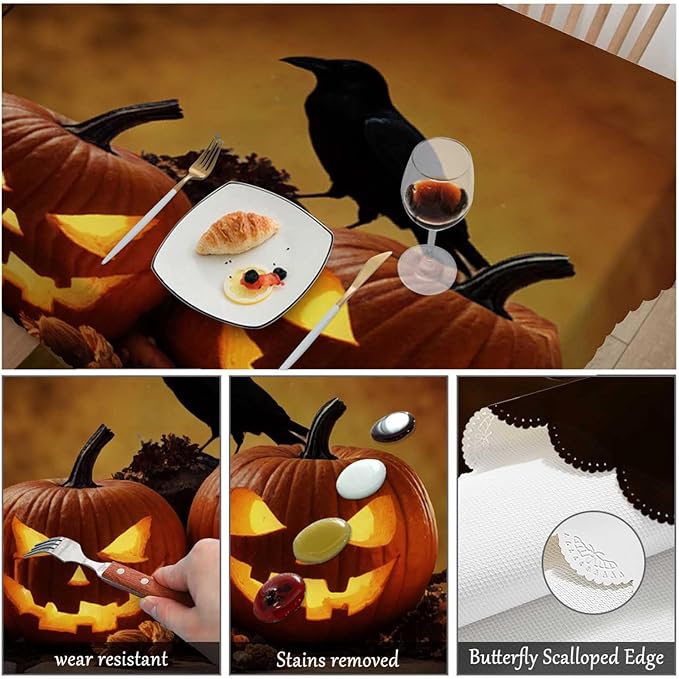 Swono Halloween Tablecloths Halloween Pumpkin Scary Bird Old Wooden Kitchen Dinning Tabletop Decoration, Polyester Table Cover for Indoor Outdoor 50x72 Inch Tablecloth