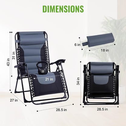 Backyard Expressions Deluxe XL Padded Recliner Zero Gravity Chair – Ergonomic Anti-Gravity Lounger with Folding Design, Side Tray, and Adjustable Headrest