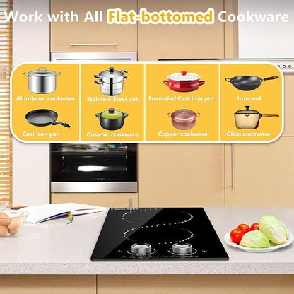 Portable Electric Cooktop 2 Burner 110V Plug in, 12 Inch 2000W Electric Stove Top with Knob Control, Countertop or Built-in Ceramic Hot Plate, for RV Dorm Apartment Kitchen Cooking