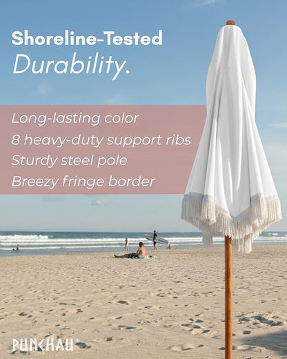 6 Ft Fringe Patio Umbrella - Outdoor Umbrella for Patio, Pool, Table, Garden, Deck, Beach, and Outdoors - Fashionable Boho Vintage Tassels & Wood Print - Push Button Tilt Pole