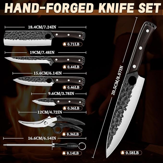Golden Bird Japanese Chef Knife Set with Roll Bag, Hand Forged Butcher Knife Set for Meat Cutting, Outdoor BBQ Knives for Men, Christmas Gifts for Men Women
