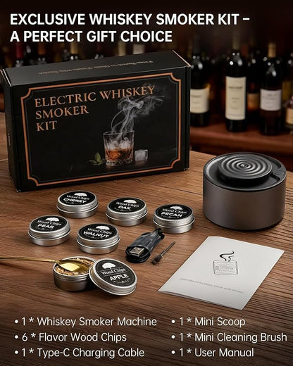 Electric Whiskey Smoker Kit, Rechargeable Bourbon Smoker Kit with 6 Flavors of Natural Wood Chips, Drink Smoker Infuser Kit Cocktail Idea Christmas Birthday Gifts for Men Husband Dad Him