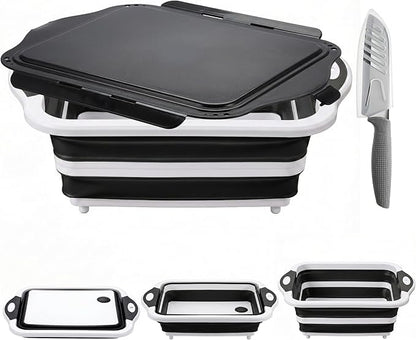 Collapsible BBQ Prep Tub with Lid, Foldable Camping Sink with Colander, Cutting Board, Dish Basin for Kitchen, Bowl, Vegetable and Fruit, Storage Basket for Picnic-Black