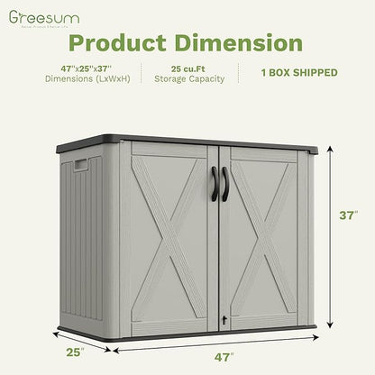 Greesum Outdoor Storage Cabinet, 25 CUFT Deck Box Without Shelves, Waterproof Plastic Storage Shed for Patio Cushions, Gardening Tools, Lockable and Sidehandles, UV Resistant, Beige