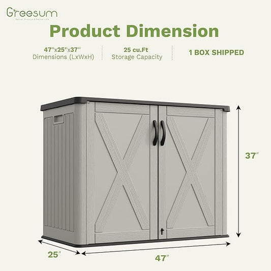 Greesum Outdoor Storage Cabinet, 25 CUFT Deck Box Without Shelves, Waterproof Plastic Storage Shed for Patio Cushions, Gardening Tools, Lockable and Sidehandles, UV Resistant, Beige
