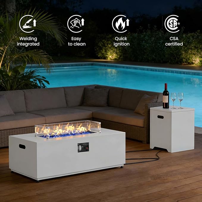 42 Inch Gas Fire Pit Table, 55,000 BTU Propane Fire Pits for Outside with Aluminum Lid and Waterproof Cover, 2 in 1 Firepit Table
