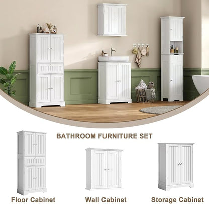 ChooChoo 51" H Bathroom Floor Cabinet with Drawers and Adjustable Shelves | Bathroom Storage Cabinet, Freestanding Kitchen Pantry Cupboard with 4 Doors for Living Room, White