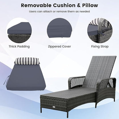 COSTWAY PE Rattan Chaise Lounge Chair, 6 Gear Adjustable Recliner with Armrest & Pillow, Wicker Outdoor Furniture for Deck, Patio (1, Dark Gray)