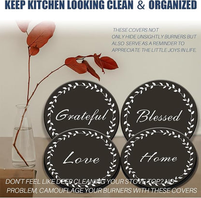 Stylish Burner Covers Set of 4 for Range Accessories, Gratitudes Chalkboard Metal Stove Burner Cover for Expanding Counter Space Stovetop Decor, Burner Covers for Electric Stove
