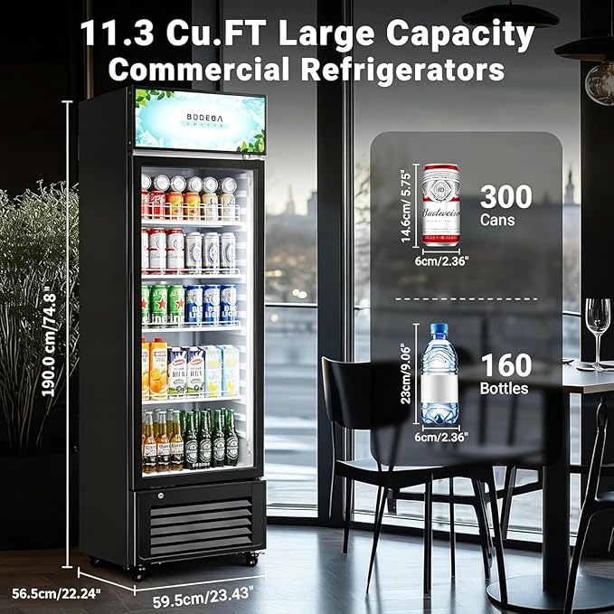 BODEGACOOLER Commercial Beverage Refrigerator, 300 Cans & 160 Bottles, Display Refrigerator For Beer,Soda, Merchandiser Refrigerator with Soft LED Light For Kitchen, Office, Garage, Gym,Man cave,Shop