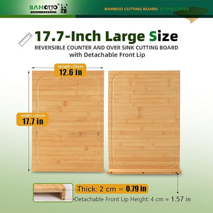 BAMOTTO CRAFTBAMBOO Bamboo Cutting Board for Kitchen 12.6"x17.7", Reversible with Dual Juice Grooves, Detachable Front Lip for Counter & Over-Sink, Large Chopping Board for Bread Meat Vegetables