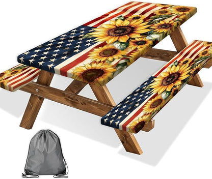 Picnic Table Cover with Bench Covers and Bag, American Flag Sunflower Summer Camping Essentials Outdoor Table Covers with Elastic Picnic Waterproof Fitted Tablecloth for RV Picnic Travel 3pcs 60inch