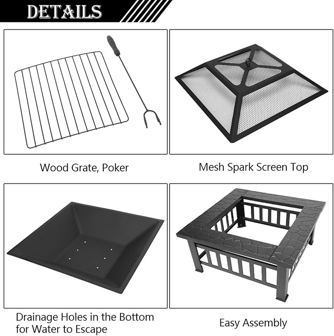 32 Inch Heavy Duty Metal Square Patio Firepit Table BBQ Garden Stove with Spark Screen Cover Log Grate and Poker for Outside Wood Burning and Drink Cooling