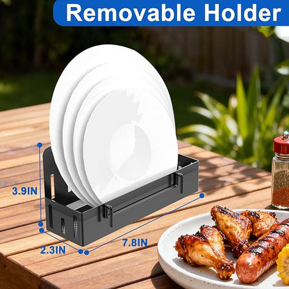 Grill Caddy with Plate Holder and 2Paper Towel Holder, Picnic BBQ Condiment Utensil Organizer Caddy for Outdoor Cooking, RV, Camping Essential, Camper Must Haves, Grilling Gifts
