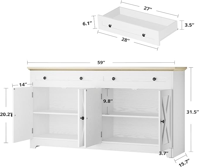 IRONCK Buffet Cabinet with Storage, Sideboard Cabinet with Drawers & Doors | 2 Drawers, 4 Doors and 2 Adjustable Shelves. 59inch Wide. FSC-certified Wood. Anti-tip Device. Natural Wood.