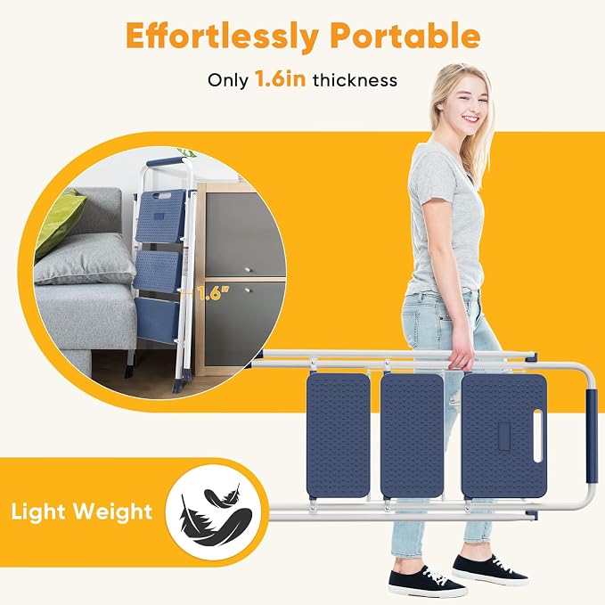 NEWBULIG 3 Step Ladder, Folding Step Stool for Adults with Safety Lock | Anti-Slip Design, Portable Foldable Ladder for Home Kitchen, Garage & Outdoor Use, Blue