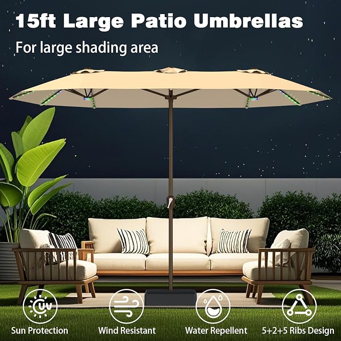 AreShark 15FT Large Rectangular Patio Umbrella with Solar Lights, Beige | Rectangle Lighted Outdoor Umbrella with Crank, Double-Sided Market Umbrella with Base for Porch, Lawn, Pool, Backyard