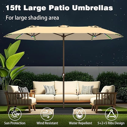 AreShark 15FT Large Rectangular Patio Umbrella with Solar Lights, Beige | Rectangle Lighted Outdoor Umbrella with Crank, Double-Sided Market Umbrella with Base for Porch, Lawn, Pool, Backyard