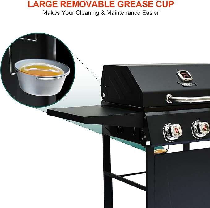BRANDMAN GRILLS SINCE 1987 3-Burner Propane Gas Grill, 27,000 BTU BBQ Grill with Porcelain-Enameled Grates, Built-In Thermometer, Side Shelves, Heavy-Duty Wheels – Outdoor Grill for Patio & Backyard