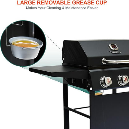 BRANDMAN GRILLS SINCE 1987 3-Burner Propane Gas Grill, 27,000 BTU BBQ Grill with Porcelain-Enameled Grates, Built-In Thermometer, Side Shelves, Heavy-Duty Wheels – Outdoor Grill for Patio & Backyard
