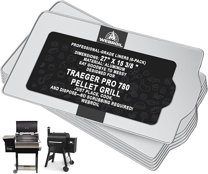 6 Packs BAC520 Drip Tray Liners for Traeger Pro 780 Pellet Smoker Grill, Heat-Resistant Foil Liners for Traeger Pro 780 Grill Accessories, Aluminum Tray for Catching Grease 27" x 15 3/8 "