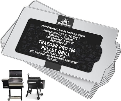 6 Packs BAC520 Drip Tray Liners for Traeger Pro 780 Pellet Smoker Grill, Heat-Resistant Foil Liners for Traeger Pro 780 Grill Accessories, Aluminum Tray for Catching Grease 27" x 15 3/8 "