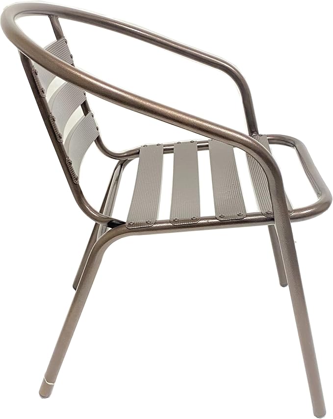 Indoor Outdoor 23.75" Restaurant Stainless Steel Aluminum Metal Slat Stack Commercial Lightweight, 3 Chairs with a Round Table, Silver/Bronze