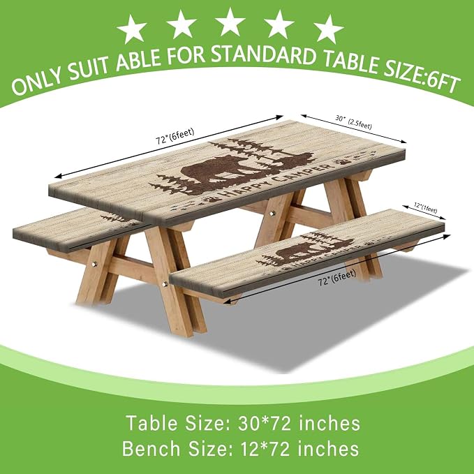 Picnic Table Cover with Bench Covers and Bag, Rustic Bear Camping Fitted Tablecloth Cover with Elastic Edge, Wooden Camper Waterproof Windproof for Indoor & Outdoor, Garden, 3 Pieces Set, 30x72 Inch