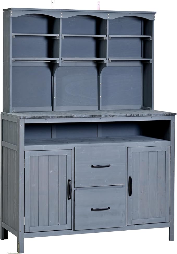 Merax 45.3" Large Outdoor Fir Wood Potting Bench with Storage, Multi-Functional Patio Kitchen Island with 6-Shelf Hutch+2 Cabinets+2 Drawers+3 Hooks, Garden Workstation for Planting, Gardening, Gray