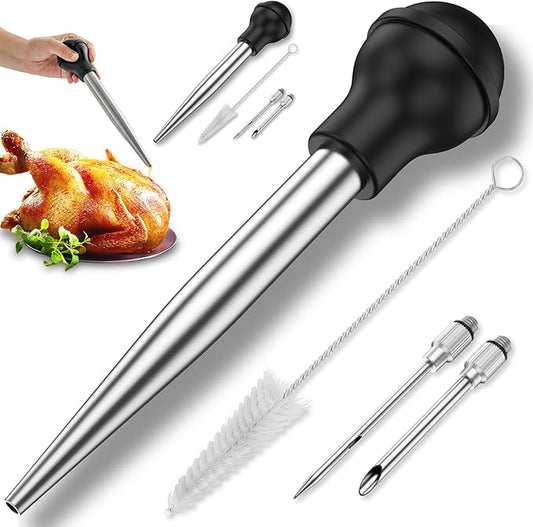 2 Pack Stainless Steel Turkey Baster Syringe for Cooking, Large Meat Injector with 4 Needles & 2 Brushes, Silicone Bulb Baster for BBQ Thanksgiving Kitchen, Dishwasher Safe
