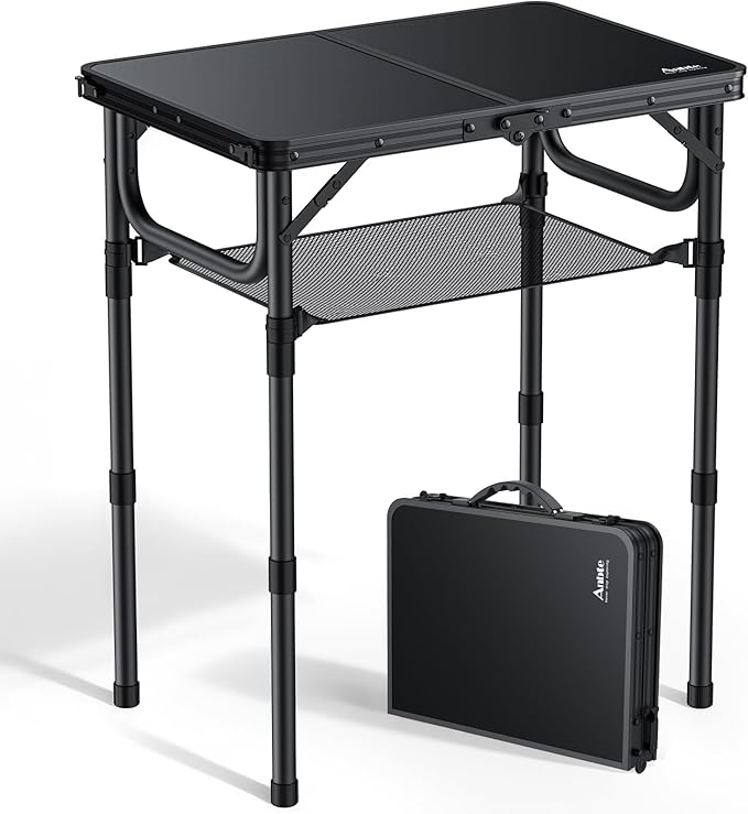 Anbte Folding Camping Table, 24"X 16" Adjustable Height Small Folding Table | with Storage Net, Aluminum Compact Folding Table, Lightweight, Portable Table for Outdoor Travel Cooking Picnic, Pure Black
