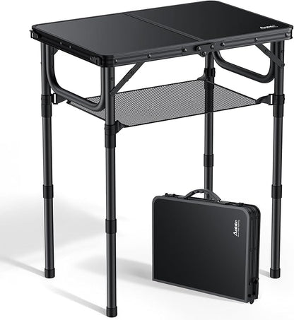 Anbte Folding Camping Table, 24"X 16" Adjustable Height Small Folding Table | with Storage Net, Aluminum Compact Folding Table, Lightweight, Portable Table for Outdoor Travel Cooking Picnic, Pure Black
