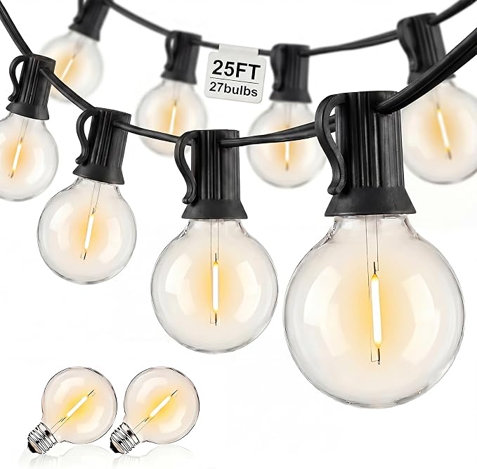 Abeja 25FT G40 Outdoor String Lights, Black Wire Globe Patio Lightss with 27 LED Plastic Bulbs(2 Spare), Waterproof Hanging Backyard Lights for Porch Balcony Party Decor, Warm White