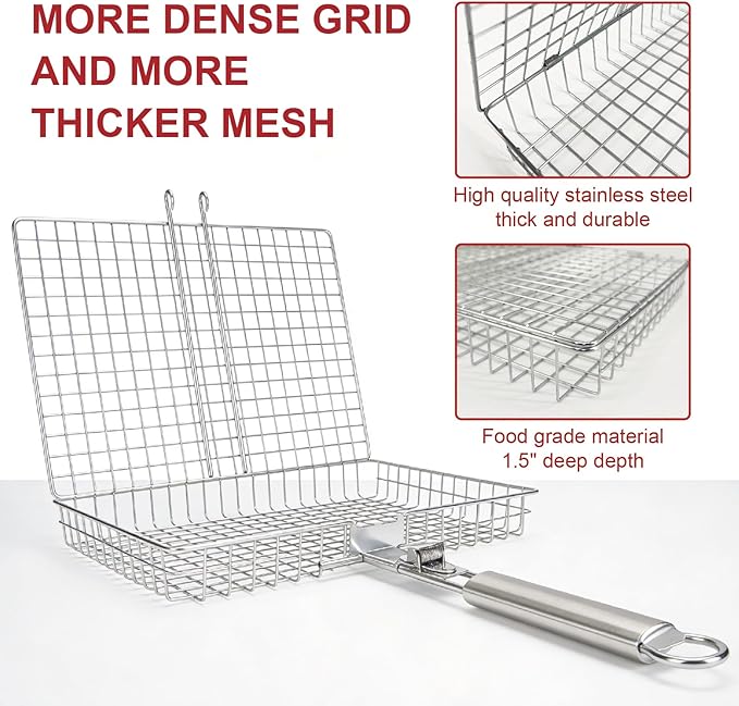 Grill Basket, Stainless Steel Fish Grill Baskets for Outdoor with Detachable Handle - Perfect for Fish, Meat, Vegetables and Ideal as Grilling Gifts for Dad, Barbecue Accessories for Camping and Cooking Essentials.