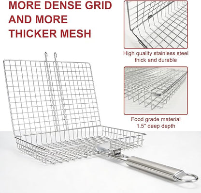 Grill Basket, Stainless Steel Fish Grill Baskets for Outdoor with Detachable Handle - Perfect for Fish, Meat, Vegetables and Ideal as Grilling Gifts for Dad, Barbecue Accessories for Camping and Cooking Essentials.