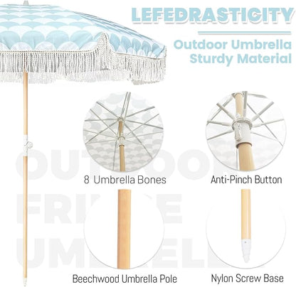 Lefedrasticity Boho Outdoor Umbrella with Tassels,6ft Table Umbrella Outdoor Patio with Knobs Tilt,Wind Resistant Portable Beach Umbrella UPF50+ Fringe Umbrellas For Pool Backyard Deck Garden