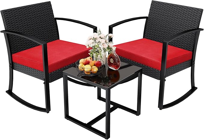 Greesum 3 Piece Patio Furniture Set, All-Weather Imitation Rattan Conversation Set, Outdoor Rocking Chair Bistro Set with Glass Top Coffee Table for Pool, Deck, Porch, Garden or Balcony, Red