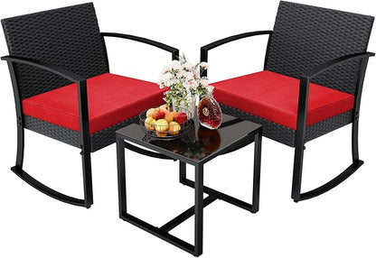 Greesum 3 Piece Patio Furniture Set, All-Weather Imitation Rattan Conversation Set, Outdoor Rocking Chair Bistro Set with Glass Top Coffee Table for Pool, Deck, Porch, Garden or Balcony, Red