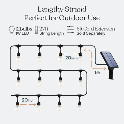 Brightech Ambience Pro 27 Ft Solar Powered Outdoor String Lights - Commercial Grade Waterproof Patio Lights with Edison Bulbs, Shatterproof LED String Lights for Patio - 1W, Warm White, 12 Bulbs