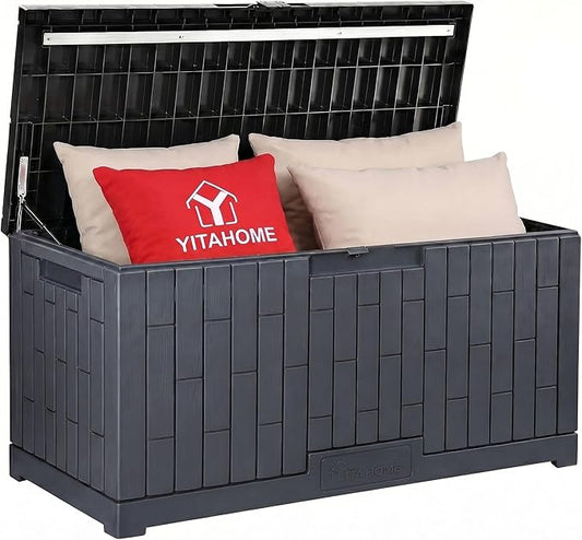 YITAHOME 120 Gallon Outdoor Storage Deck Box, Large Resin Patio Storage for Outdoor Pillows, Garden Tools and Pool Supplies, Waterproof, Lockable, (Dark Grey)
