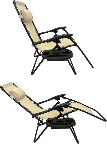 EasyGo Product Zero Gravity Lawn Lounge Pillow and Cup Holder Furniture Outdoor Adjustable Dining Reclining Folding Chairs for Deck Patio Beach Yard, 2 Pack TAN