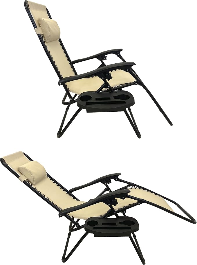 EasyGo Product Zero Gravity Lawn Lounge Pillow and Cup Holder Furniture Outdoor Adjustable Dining Reclining Folding Chairs for Deck Patio Beach Yard, 1 Pack TAN