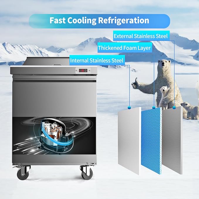 29" W Commercial Refrigerator Sandwich Salad Prep Table Refrigerator Stainless Steel with 8 Pans, Kitchen Equipment for Restaurant, Bar, Shop, Buffet, etc
